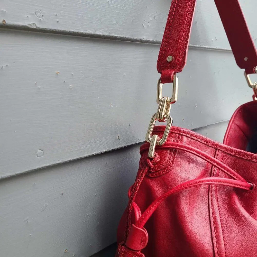 Cole Haan Red Leather Large Side Pull Drawstring Hobo Bag NWOT!